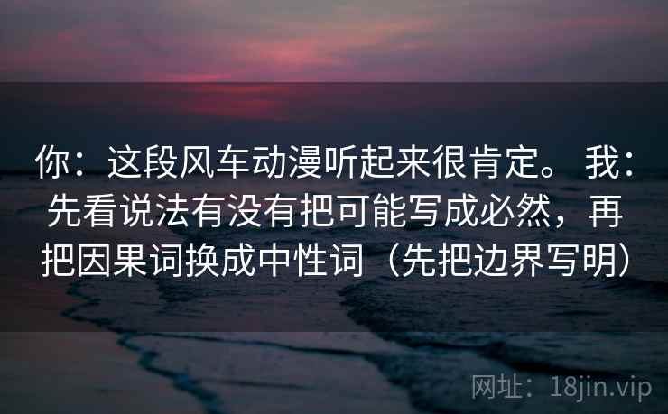 你：这段风车动漫听起来很肯定。 我：先看说法有没有把可能写成必然，再把因果词换成中性词（先把边界写明）  第2张